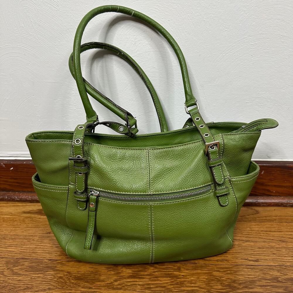 Tignanello Olive Green Pebble Leather Shoulder Tote Bag